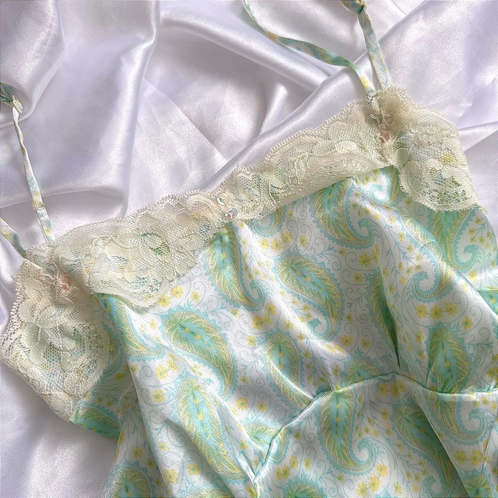 52 Weekends Satin Paisley Lace Trim Camisole Top Mint Green Yellow Large